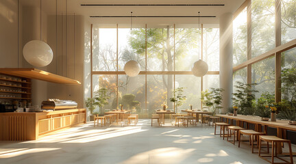 A bright and airy cafe with tall ceilings and large floor-to-ceiling windows that fill the space with soft, natural light. The interior design is minimalistic yet warm, wooden tables and chairs.