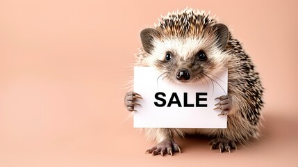 Cute hedgehog holding a sale sign against a peach background. Adorable animal promoting a sale. Perfect for marketing and advertising use.