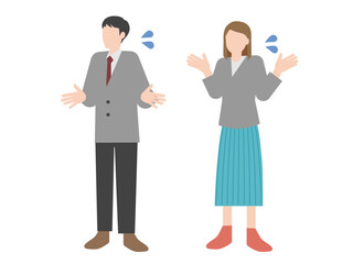 焦って（困って）お手上げのポーズをしている大人の男女