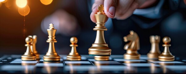 A close-up image of a hand moving a golden chess piece on a board, symbolizing strategy and competition.