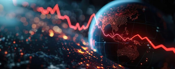 Dynamic visualization of a global market decline with a red trend line over a digital Earth, symbolizing economic challenges.