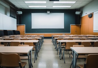 Empty Classroom with Projector Screen