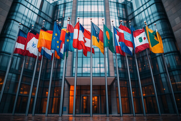 Selective focus international flag with many difference country, Flag pole with banner in front of the building, World summit conference concept, Waving flag by the wind, Variety of flag on the pole.