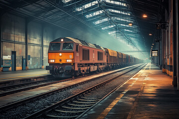 Classic train on railway in train platform, Rustic train at platform.