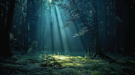 Obraz premium Dark forest with a single beam of light breaking through, symbolizing hope and freedom