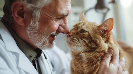 Close-up photo of an experienced veterinarian in a white coat carefully examining a ginger cat on a veterinary table. The cat is old and stretches his muzzle towards the doctor. In the background is a