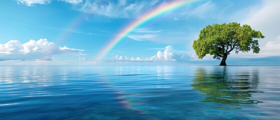 Lonely tree in water under a rainbow-filled sky, blending serenity and natural beauty in a stunning landscape shot.
