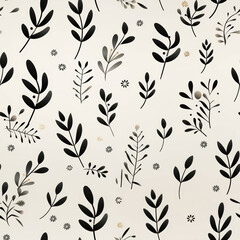 Seamless pattern of black floral branches and leaves on a light beige background.