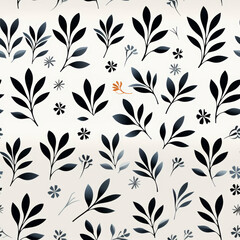 Seamless pattern of black leaves and flowers on a light background.