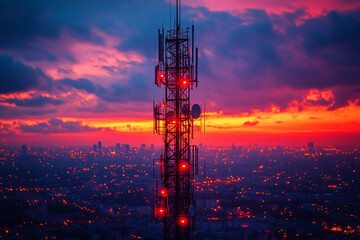 Selective focus telecommunication tower with signal in dusk, Peak of signal pole with signal light, Telecommunication tower with cloud background.