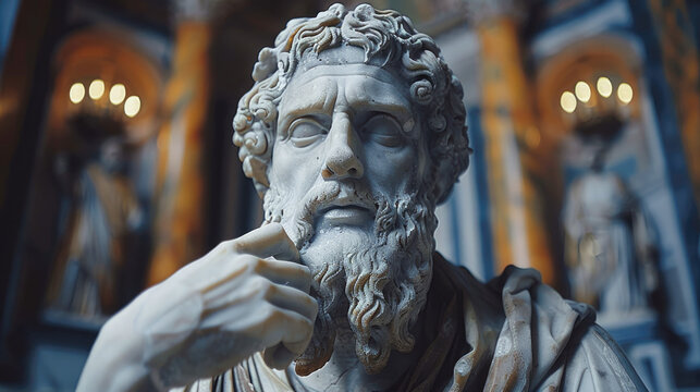 A statue of a greek god made out of gray stone, deeply thinking, very deep thoughts, sitting in his ancient roman empire home.