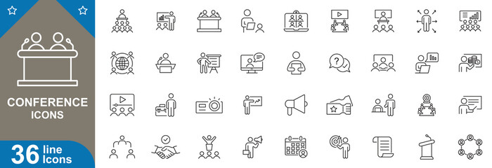 Conference icons set vector illustration. Networking, speaker, presentation, attendee, schedule, workshop, venue, registration, exhibition and more. vector illustration.