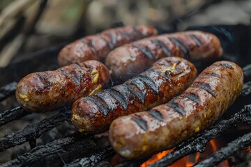 Fototapeta premium Delicious grilled sausages sizzling on a fire, perfect for outdoor gatherings and summer barbecues.