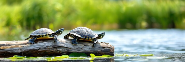 Two turtles sunbathing on a log by the water in a natural environment, showcasing wildlife and tranquility in a beautiful outdoor setting.