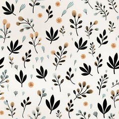 Seamless pattern with black and blue floral and leaf motifs on a light background.