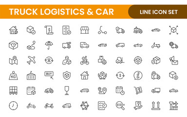 Truck Logistics and Car related modern icon set. Transportation editable line icon illustration collection