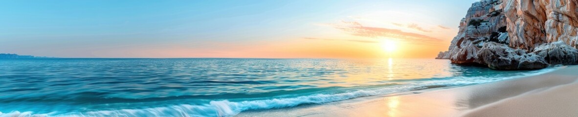 Stunning panoramic view of a tranquil beach at sunset with serene waves, clear blue sky, and a rocky coastline.