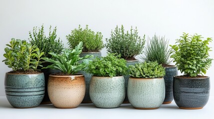 diverse collection of lush indoor plants in stylish ceramic pots arranged artfully against a crisp white background showcasing various textures and shades of green