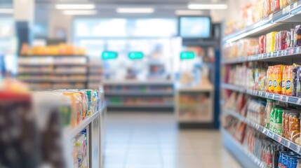 Fototapeta premium A blurred view of a grocery store aisle filled with various packaged products.