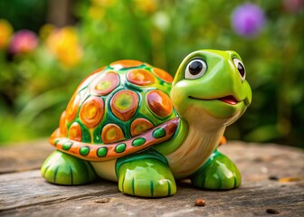 Fototapeta premium Adorable ceramic turtle figurine with bright colors and endearing facial expression, perfect as a charming decorative piece for kids' rooms, offices, or homes, symbolizing good luck.