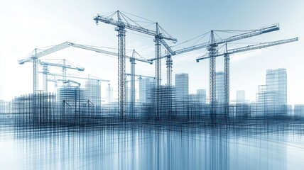 A city under construction in wireframe, cranes and scaffolding, emerging skyline