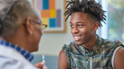 Fototapeta premium A young adult discussing vaccine information with a healthcare provider