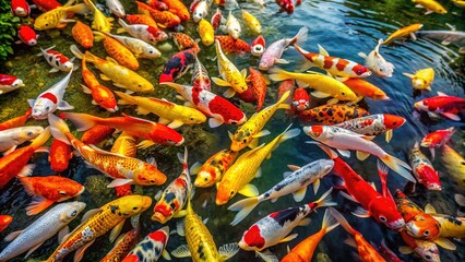 Fototapeta premium Vibrant koi fish with stunning red, yellow, orange, black, and white hues swim peacefully in a serene fish pond, creating a soothing ambiance in a garden oasis.