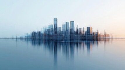 Naklejka premium Wireframe cityscape reflected on a river, merging reality with digital elements