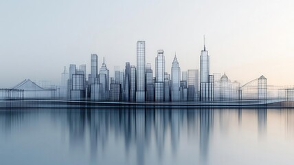 Naklejka premium A striking image of a wireframe cityscape reflected on a calm river, blending digital design with real-world elements, symbolizing the convergence of technology and reality. 
