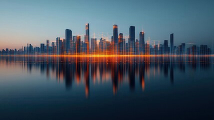 Fototapeta premium Wireframe cityscape reflected on river, merging reality and digital elements 