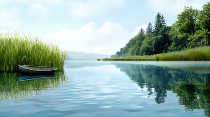 Obraz premium Serene lakeside view with a small boat among reeds, calm water reflecting the sky, and lush greenery under a peaceful blue sky.
