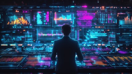 Data Analytics Dashboard for Business Insights Concept. Business analyst surrounded futuristic data analytics dashboard with AI integration. High-tech data analytics dashboard in a virtual workspace