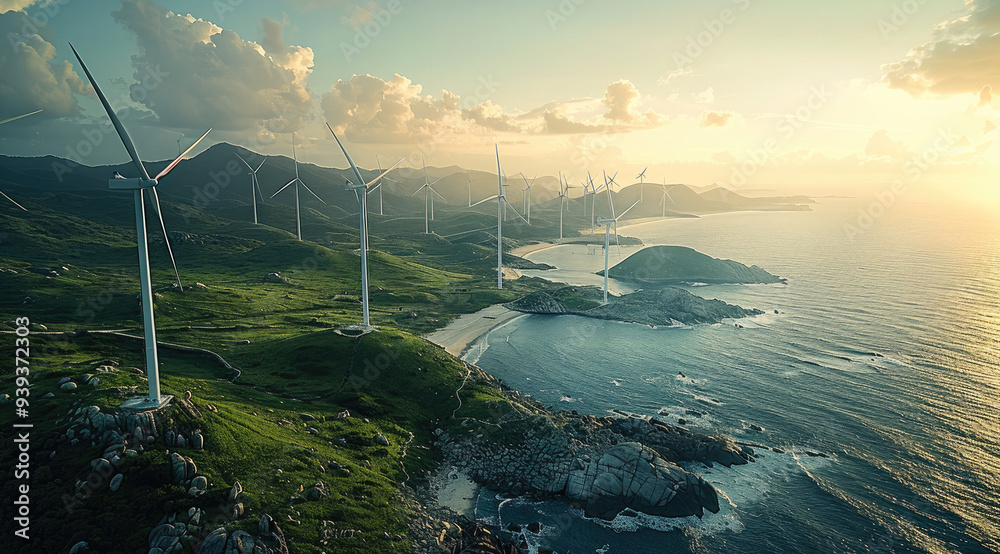 Aufkleber a coastal wind farm with turbines extending into the sea. generative ai.
