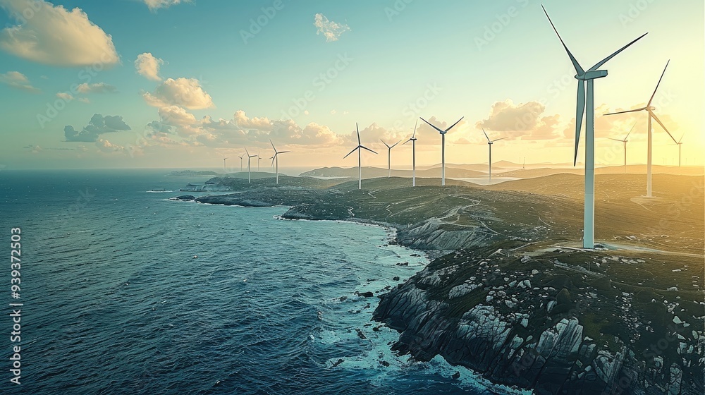 Poster a coastal wind farm with turbines extending into the sea. generative ai.
