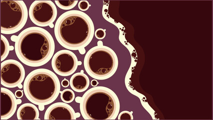 Abstract illustration of drinking large quantities of coffee every day. Many cups of invigorating coffee with milk foam on the table with space for text, flat lay