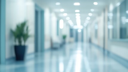 A blurred view of a hospital corridor with plants and seating areas.