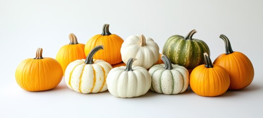 A cluster of miniature pumpkins in shades of orange, white, and green, arranged on a plain white surface