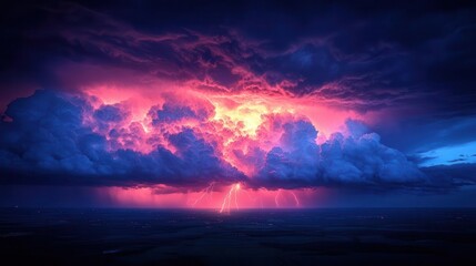 Naklejka premium dramatic lightning bolt illuminating stormy sky intense electric blue hues dark thunderclouds forked lightning patterns powerful natural phenomenon ominous atmosphere