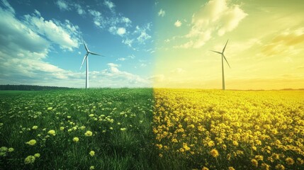 A green and yellow color scheme showing the transition from traditional energy use to more efficient and sustainable methods.