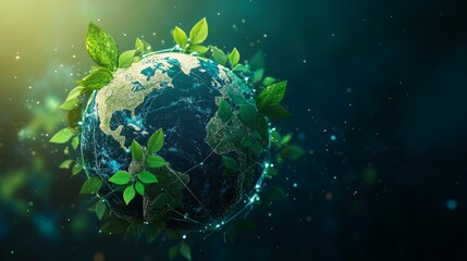 A globe with carbon molecules being reduced and replaced with green leaves, representing carbon footprint reduction.