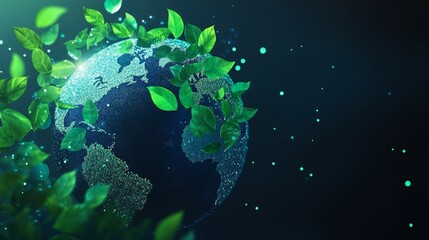 A globe with carbon molecules being reduced and replaced with green leaves, representing carbon footprint reduction.