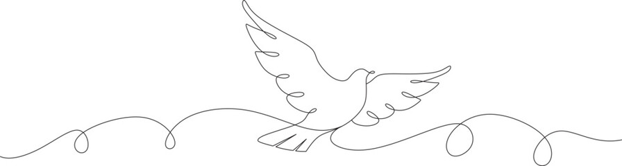 White dove in line art drawing. Bird symbol of peace and freedom in simple lineart style