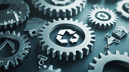 A gear with recycling symbols integrated into it, emphasizing the efficiency of the circular economy.