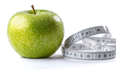 Green Apple with Measuring Tape on White Background, Symbolizing Healthy Eating