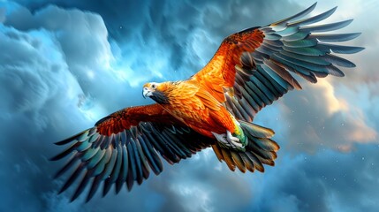 A majestic parrot with vibrant colors soaring through a dramatic cloud-filled sky, showcasing the beauty and freedom of nature.