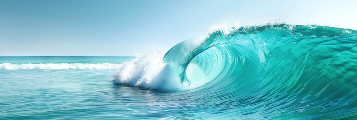 Fototapeta premium Captivating turquoise ocean wave curling under a clear blue sky, capturing the beauty and power of nature's forces.