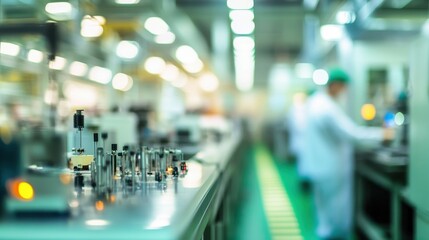 A blurred view of a laboratory or manufacturing space with equipment and personnel.