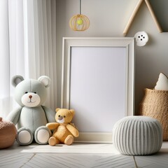Mock up poster frame in white cozy children room interior background, 3D render