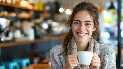 A young adult smiling while holding a coffee cup at a cafe