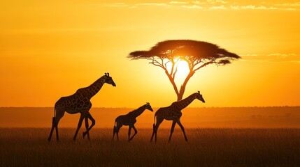 Giraffe Family Walking Together